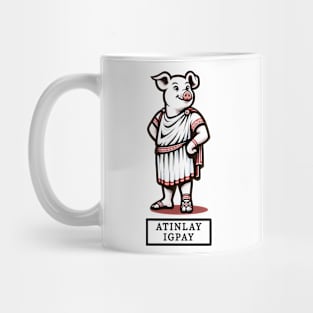 Latin Pig in Toga Cartoon T-Shirt, Funny Pig Latin Phrase Tee, Novelty Graphic Shirt, for Pig and Pig Latin Enthusiasts Mug